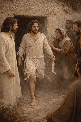 Lazarus leaves the tomb after Jesus calls him back from the dead (John 11:1–44).